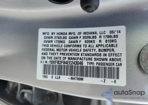 2014 Honda Civic Ex из США, поврежденный, VIN 19XFB2F84EE243046